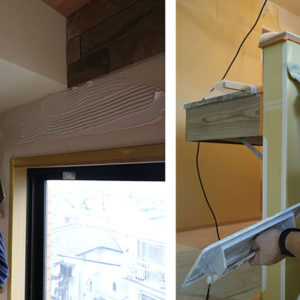 （左）クシ目のついたクシごてで接着剤を均一に伸ばします。　　　（右）キッチン前壁にはコンクリート調ペイントを塗装。