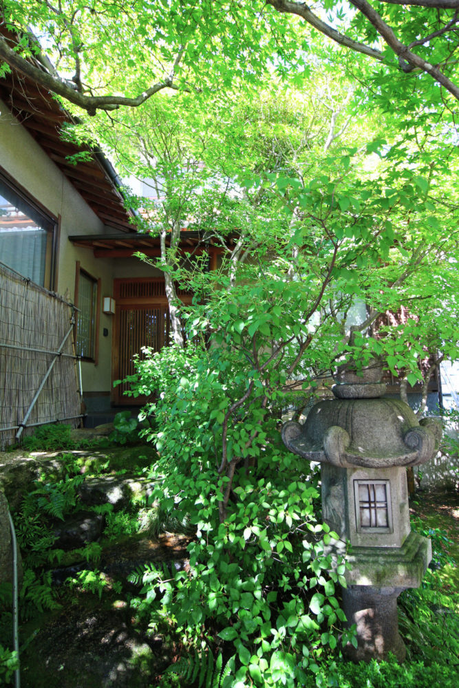 手彫りの石灯篭と 玄関へ続く石階段