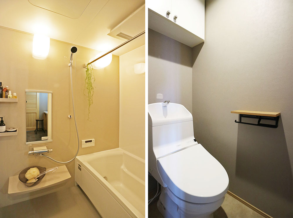 ユニットバス、トイレはお手入れ簡単な高機能タイプに入れ替え。 断熱仕様のホーロー壁浴室。暖房乾燥機付き。トイレ節水型、子供も使いやすい高さの手洗いボウル付き。