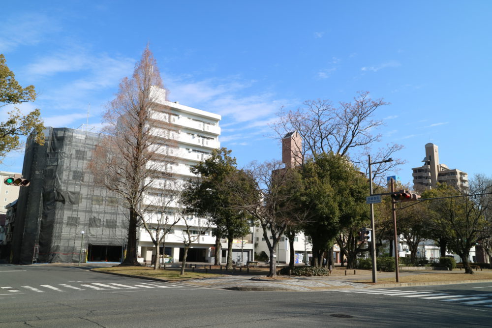 平和大通り沿い、中央・白い外観の９階建てマンション。