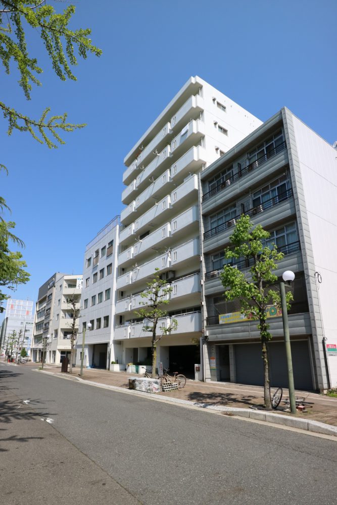 中央・白い外観のマンション、9階建て、全16戸